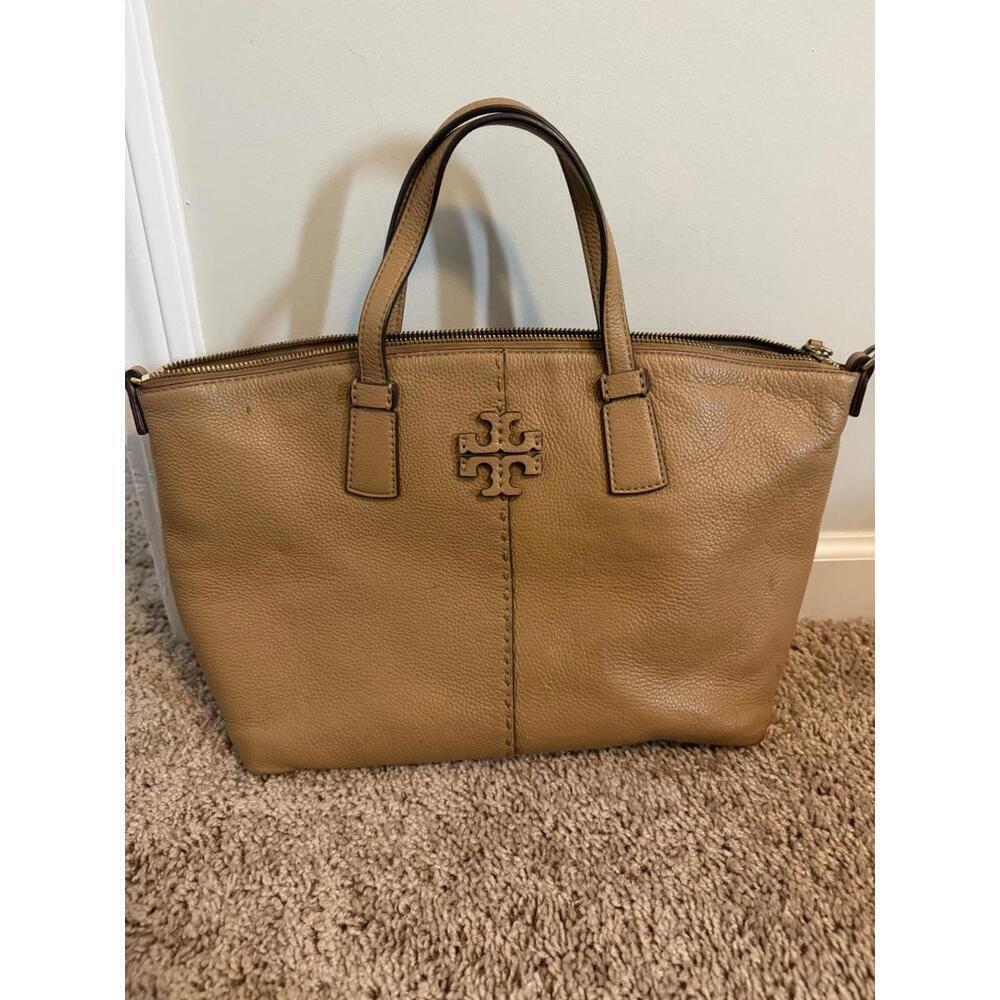 Tory Burch Mcgraw Cream Pebble Leather Top Zip Satchel Crossbody
